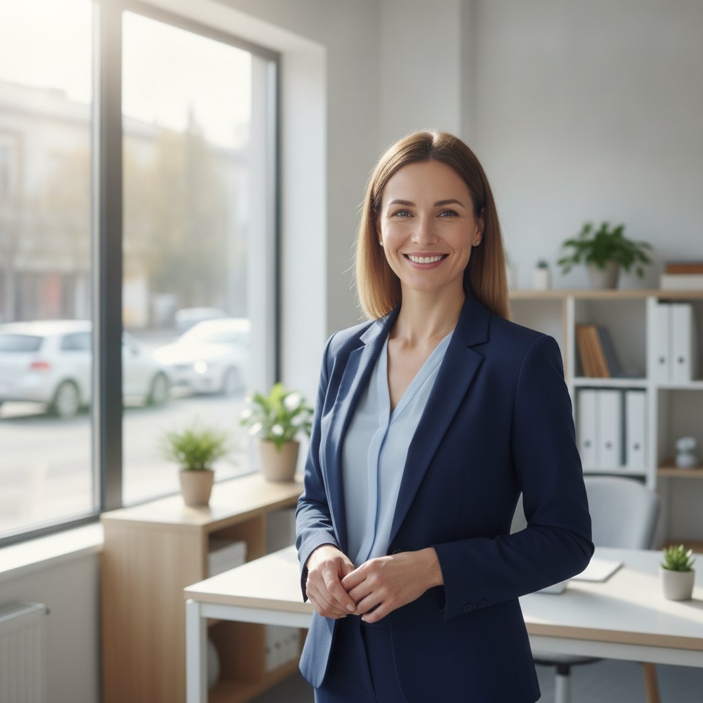 A friendly, approachable insurance advisor smiling in a bright modern office
