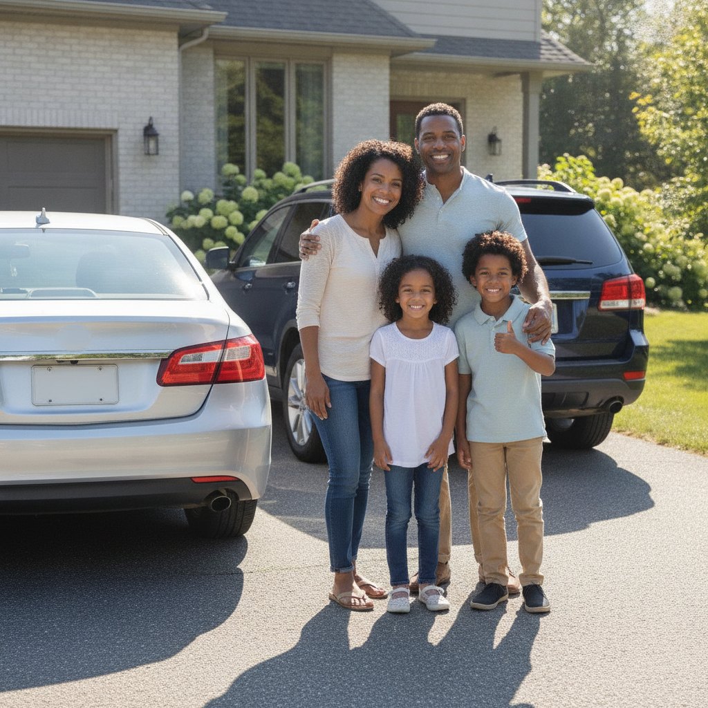 A happy family standing by their car in a bright suburban driveway, protected and secure